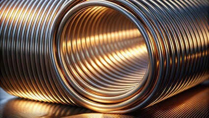 Fototapete - Metallic Coil Abstract Gleaming Tubular Forms Intertwined, Creating a Visually Striking Composition of Shiny, Reflective Surfaces with Warm Lighting