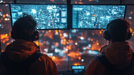 Poster - Two operators monitor real time data on large screens in a control center. The urban landscape is illuminated outside, showcasing a bustling logistics operation at night.