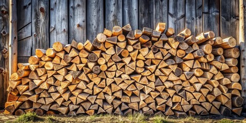 Aufkleber - A neatly stacked pile of firewood rests against a rustic wooden wall, showcasing a variety of shapes and sizes of logs, bathed in warm sunlight.
