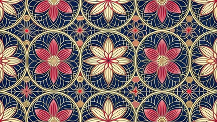 Leinwandbilder - Intricate Floral Mandala Pattern with Circular Designs and Golden Accents on a Deep Blue Background