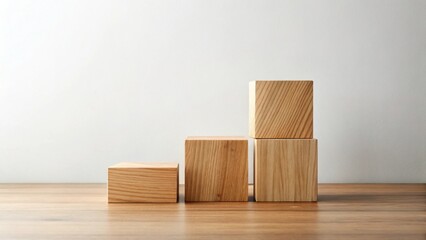 Poster - Simple wooden block arrangement on a table against a light wall background, ideal for product display or minimalist design concepts.