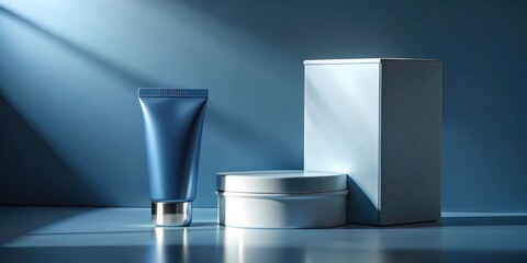 Poster - Serene Blue Product Display  Elegant Tube, Jar, and Box in Soft Light