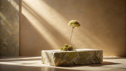 Poster - Serene Still Life Dried Flower Arrangement on Rough-Hewn Stone Block Illuminated by Soft Sunlight