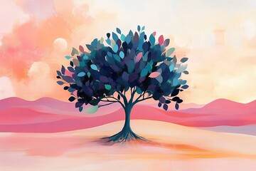 Leinwandbilder -  A symbolic Tree of Life standing alone in a vast desert, its roots deep and branches reaching for the sky, representing resilience and hope