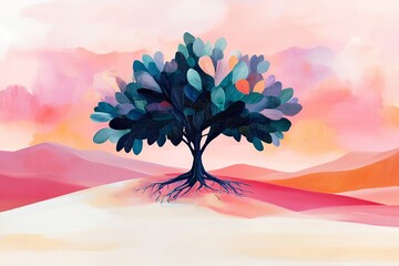 Leinwandbilder -  A symbolic Tree of Life standing alone in a vast desert, its roots deep and branches reaching for the sky, representing resilience and hope