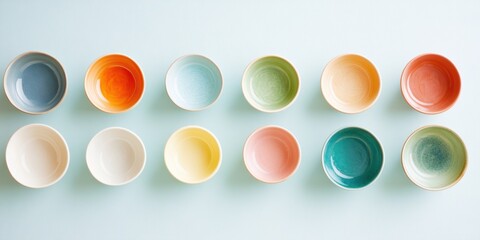 Poster - Chromatic Minimalism Pastel Ceramic Bowls Arranged in Gradient Harmony - Contemporary Design Inspiration for Mindful Living and Creative Styling