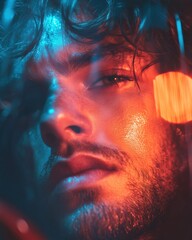 Fototapete - Cyberpunk Sensory Fusion Neon-Drenched Male Portrait Exploring Digital Emotion and Cinematic Mood Lighting for Next-Gen Creative Storytelling
