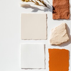 Poster - Minimalist Texture Study Earthy Neutral Palette Exploration with Organic Paper Fragments, Stones, and Botanical Elements - Contemporary Design Inspiration