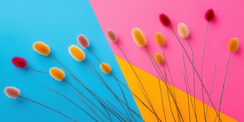 Poster - Vibrant Botanical Minimalism Color-Blocked Nature Study with Delicate Grass Stems - Contemporary Design Element for Wellness Branding and Creative Merchandising