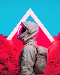 Leinwandbilder - Neon Dystopia Resilient Survivor in Minimalist Protection Gear Explores Hyperreal Landscape - Next-Gen Survival Aesthetics for Digital Natives