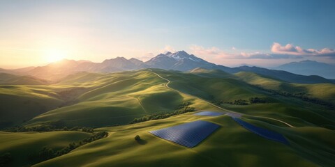 Poster - Sustainable Future Vision Green Technology Landscape with Solar Panels in Pristine Mountain Ecosystem - Renewable Energy Transformation and Climate Innovation Panorama