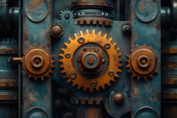 Leinwandbilder - Rusty gears rotating in a complex industrial machine