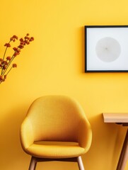 Poster - Sunshine Minimalism Vibrant Yellow Mid-Century Modern Chair in Elegant Home Office - Contemporary Design Meets Emotional Warmth and Creative Productivity