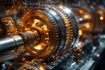 Poster - Complex gear system rotating smoothly, industrial mechanism working flawlessly