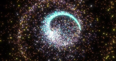 Wall Mural - a rotating source of sparkling flying colored particles on a black background. abstract spiral. abst