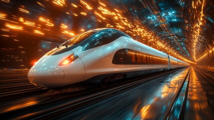 Aufkleber - A sleek smarttrain moves swiftly through a high tech tunnel illuminated by dynamic lights, showcasing advanced automation and AI in modern transportation infrastructure.