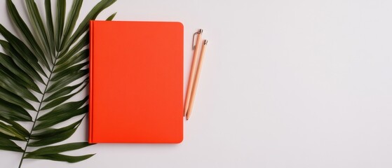 Aufkleber - Minimalist Productivity Sanctuary Vibrant Red Notebook with Botanical Accent - Modern Workspace Inspiration for Creative Professionals and Digital Entrepreneurs