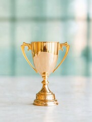 Poster - Metallic Success Narrative Golden Trophy on Minimalist Background Symbolizing Corporate Achievement, Performance Leadership, and Strategic Excellence in Modern Business Ecosystems