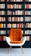 Poster - Scandinavian Mid-Century Modern Library Interior Retro Orange Armchair Against Minimalist Bookshelf - Creative Workspace Design for Knowledge Workers and Home Office Inspiration