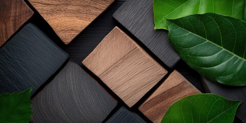 Poster - Organic Design Synergy Sustainable Material Innovation Showcasing Textural Wood Grain and Living Green Leaf Composition for Eco-Conscious Architectural Branding