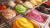 A Symphony of Flavors: A mouthwatering close-up of a display featuring a multitude of ice cream tubs, each brimming with a different color, beckoning the viewer with the promise of sweet.
