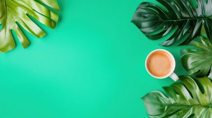 Poster - Minimalist Biophilic Workspace Vibrant Green Aesthetic with Artisan Coffee - Creative Professional Inspiration for Modern Digital Wellness Environments