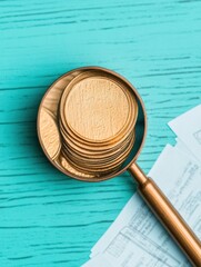 Poster - Minimalist Wealth Strategy Golden Coin Analysis with Vintage Magnifying Glass - Fintech Investment Insights for Digital Entrepreneurs and Economic Innovators
