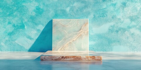 Poster - Ethereal Minimalist Product Showcase Translucent Marble Podium with Aqua Blue Gradient - Contemporary Design Meets Luxury Branding Aesthetics