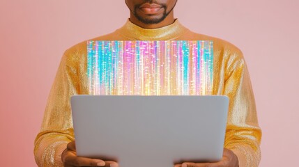 Fototapete - Innovative Tech Visualization Vibrant AI Holographic Data Streams on Minimalist Laptop, Showcasing Next-Gen Digital Creativity and Technological Transformation