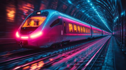 Leinwandbilder - A sleek autonomous smart train glides through a vibrant underground tunnel, showcasing advanced transportation technology and automation in modern urban mobility.