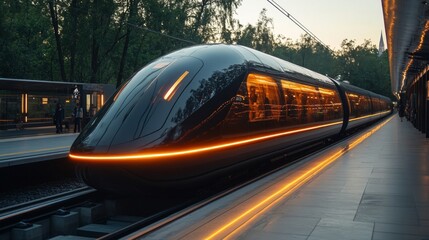 Aufkleber - A sleek autonomous train waits at a modern station, glowing softly as commuters board. The scene highlights advancements in transportation infrastructure and mobility solutions.