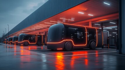 Aufkleber - Electric vehicles await charging at a cutting edge logistics center illuminated by orange lights during twilight, showcasing advancements in transportation and infrastructure.