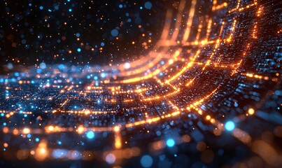 Abstract swirling digital pattern with glowing orange and blue particles