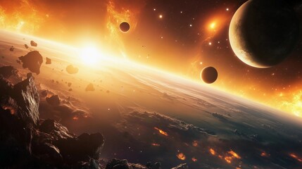 Wall Mural - a beautiful space scene with a sun setting in the background and a planet in the foreground. the sun