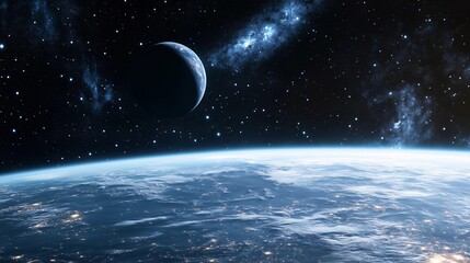 Wall Mural - a blue and white planet with a moon in the sky. the moon is in the middle of the sky and the planet 