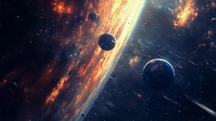 Wall Mural - a space scene with a large planet in the middle and three smaller planets surrounding it. the scene 