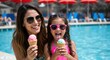 © NN AI - Mother and daughter enjoying ice cream by swimming pool. Family wearing sunglasses and swimwear at summer resort. Vacation fun and family bonding. Travel and leisure activities. Horizontal banner