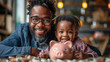 © Katerina Bond - Happy Black father and child smiling while saving money with a piggy bank, surrounded by coins, highlighting financial education and family bonding in a cozy indoor setting.