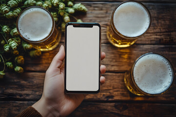 The guy is studying a recipe for making beer at home. A phone mockup for the presentation of a website or mobile application. The man holds a cell phone with a white screen in his hand. World Beer Day