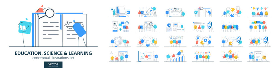Online education technology, knowledge. Flat vector set of student people learning. Study in university, school, science concepts. Business infographic design. Book, training, personal course icons