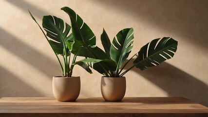 Wall Mural - monstera plants in decorative pots on wooden table with soft natural light in a serene indoor settin