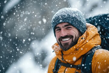 Wall Mural - man with backpack in snowy landscape