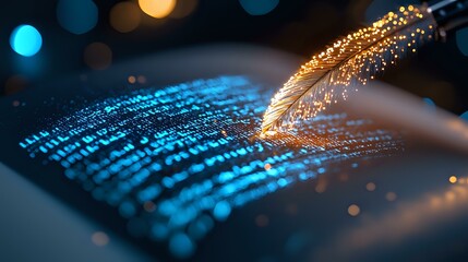 Glowing golden quill pen writing digital code on illuminated surface with blue light effects and bokeh background, representing technology and creativity fusion.