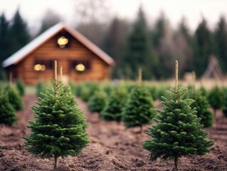 Wall Mural - christmas trees in front of log cabin