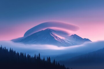 Wall Mural - Serene mountain peak shrouded in pink and purple sunset clouds, with a misty forest below.