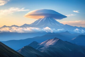 Wall Mural - Majestic mountain peak shrouded in a lenticular cloud formation at sunrise, a breathtaking natural spectacle.