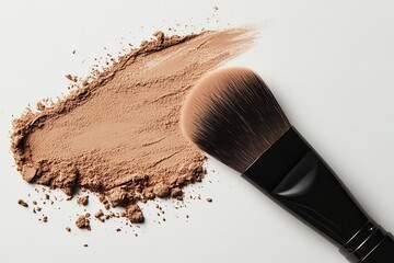 Poster - Makeup applicator brush with loose powder spread artistically on white background