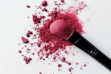 Poster - Vibrant pink makeup powder scattered artfully next to a professional brush on a white background