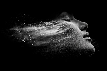 Aufkleber - Artistic representation of human face created with fine particles on black background showcasing beauty and grace in abstract form