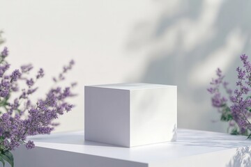 Poster - White cube displayed on a pedestal surrounded by lavender flowers in a serene, minimalist setting